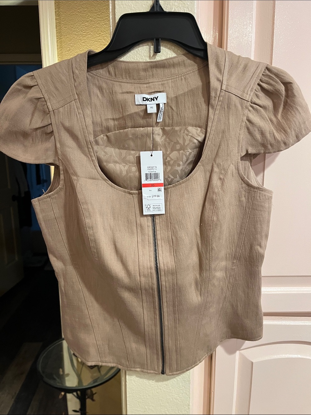 DKNY Beige Zip-Front corset Sleeve Blouse